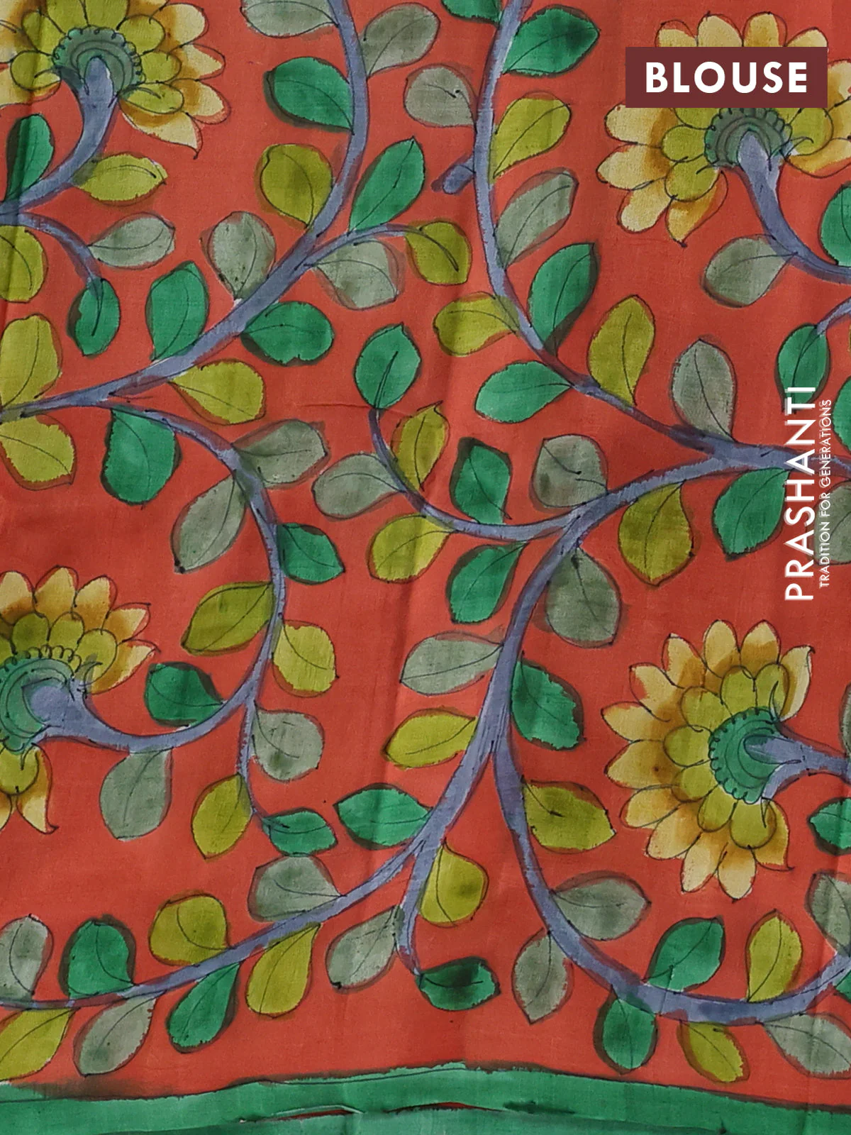 Printed silk saree green and rustic orange with shibori prints and kalamkari hand painted pallu & blouse - Image 3