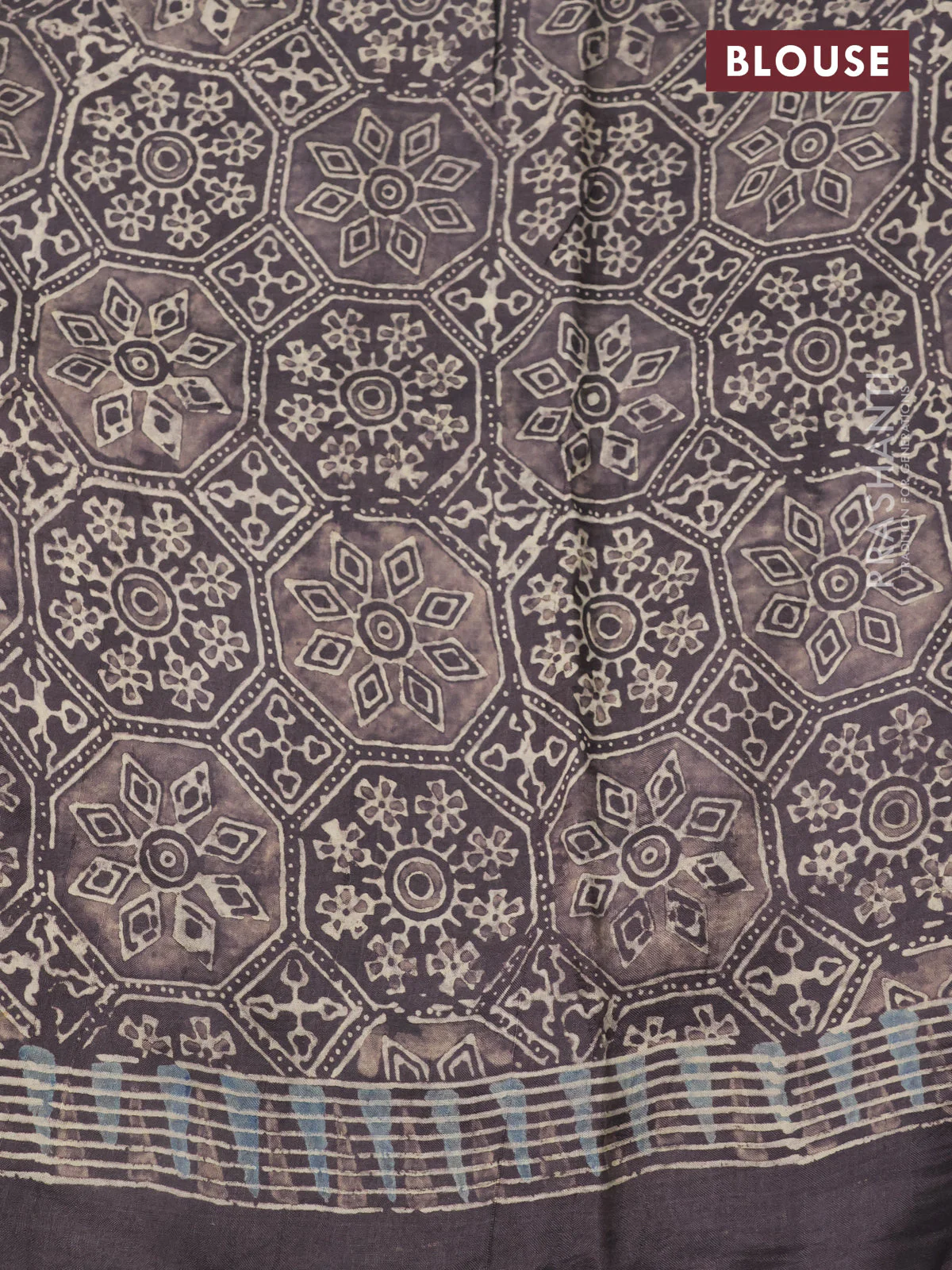 Printed silk saree grey shade with allover ajrakh prints and simple border - Image 3