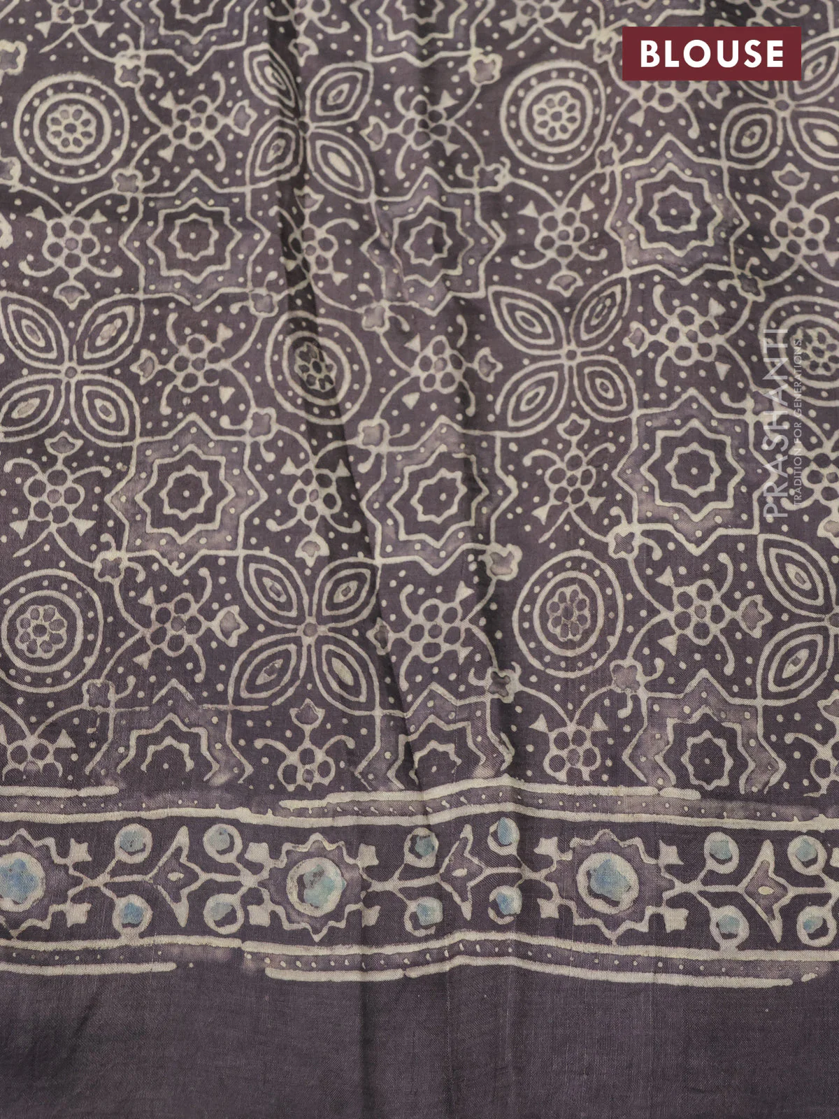 Printed silk saree grey shade with allover ajrakh prints and simple border - Image 3