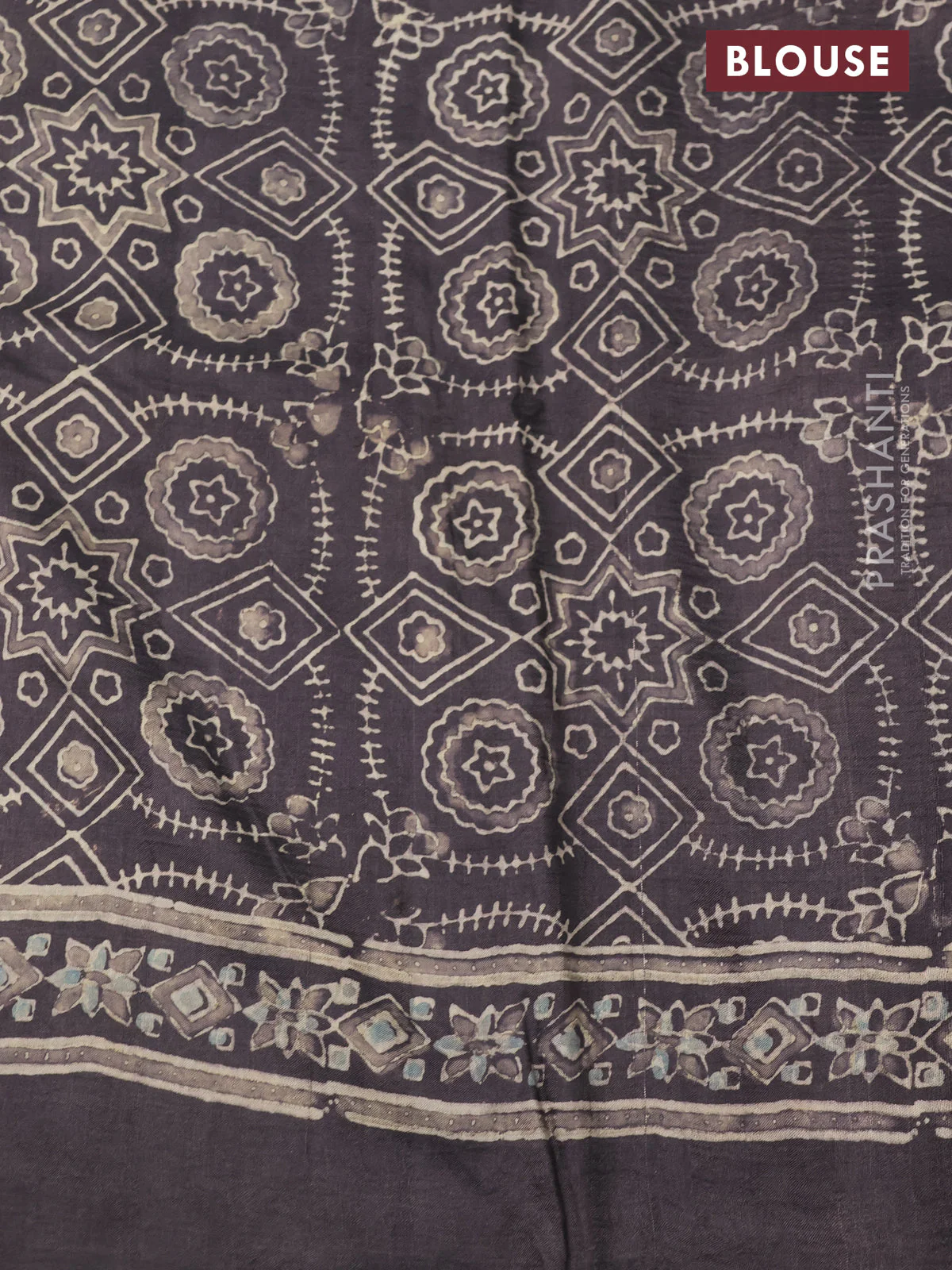 Printed silk saree grey shade with allover ajrakh prints and simple border - Image 3