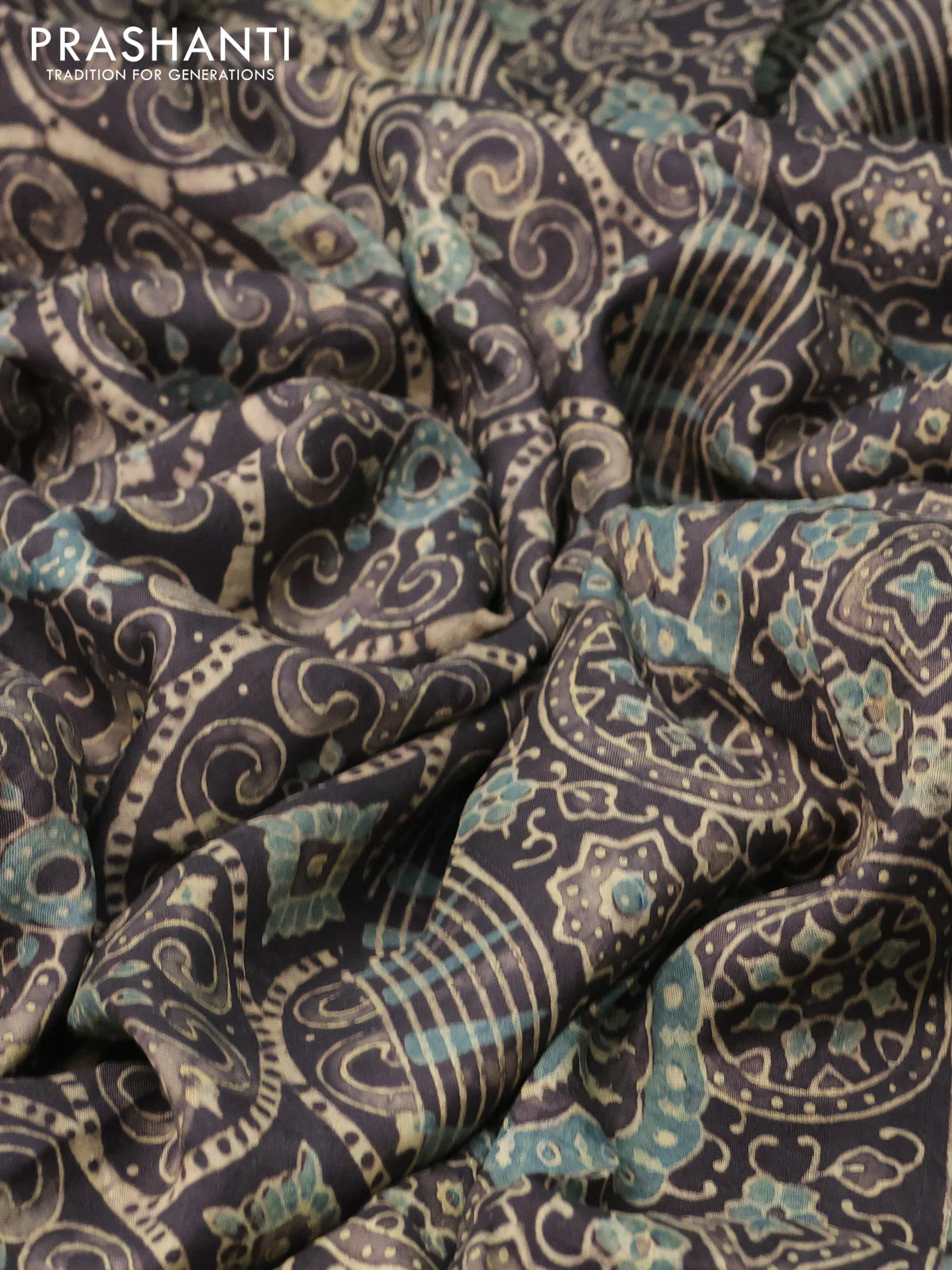 Printed silk saree grey shade with allover ajrakh prints and simple border - Image 2