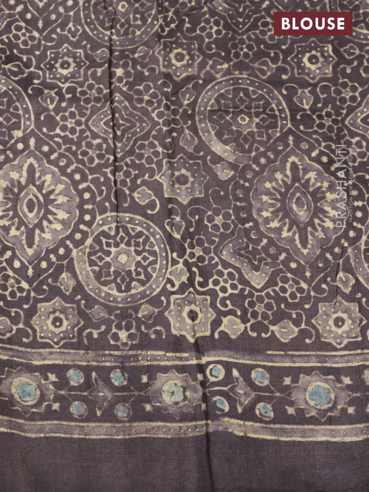 Printed silk saree grey shade with allover ajrakh prints and simple border - Image 3