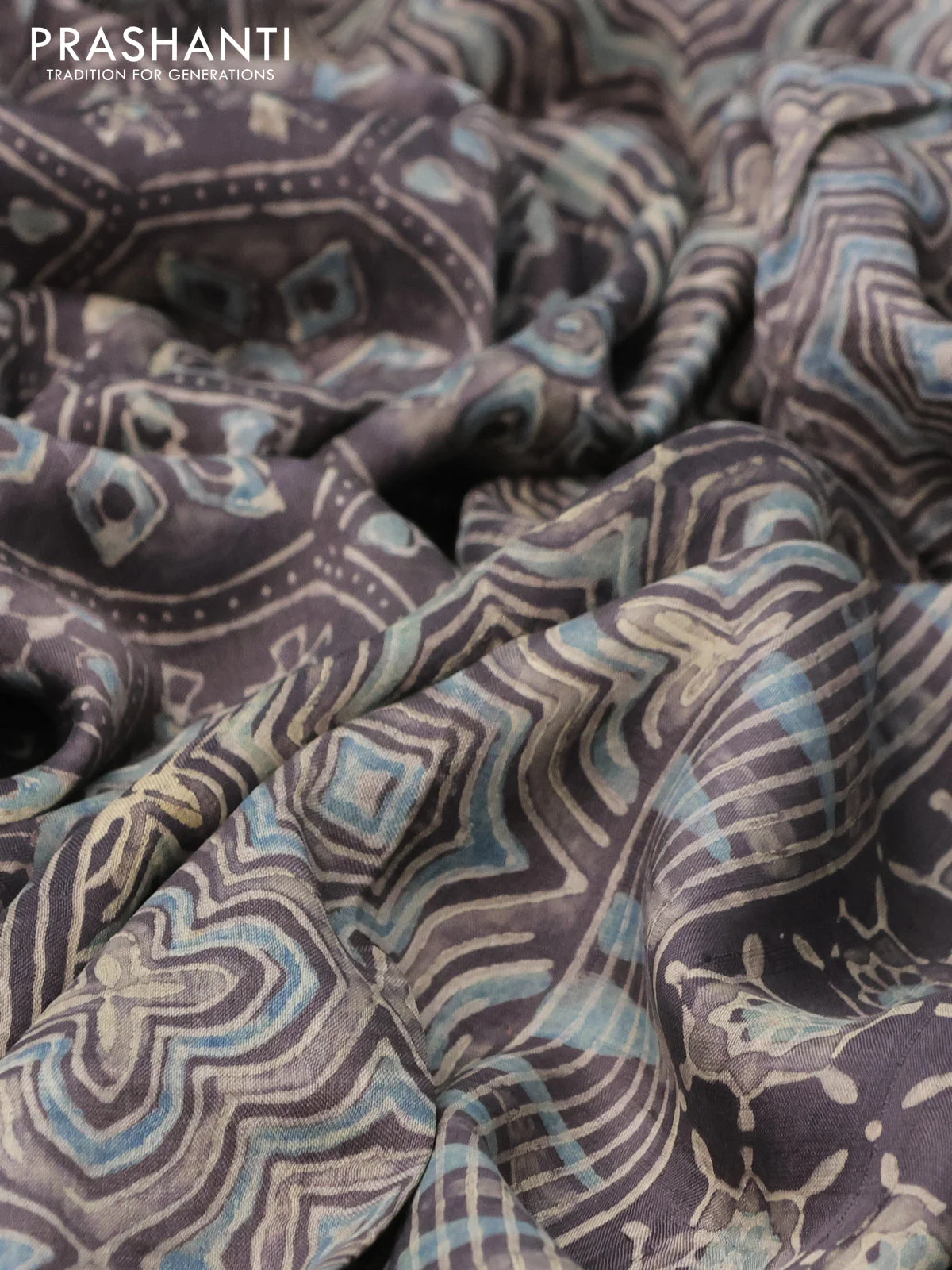 Printed silk saree grey shade with allover ajrakh prints and simple border - Image 2