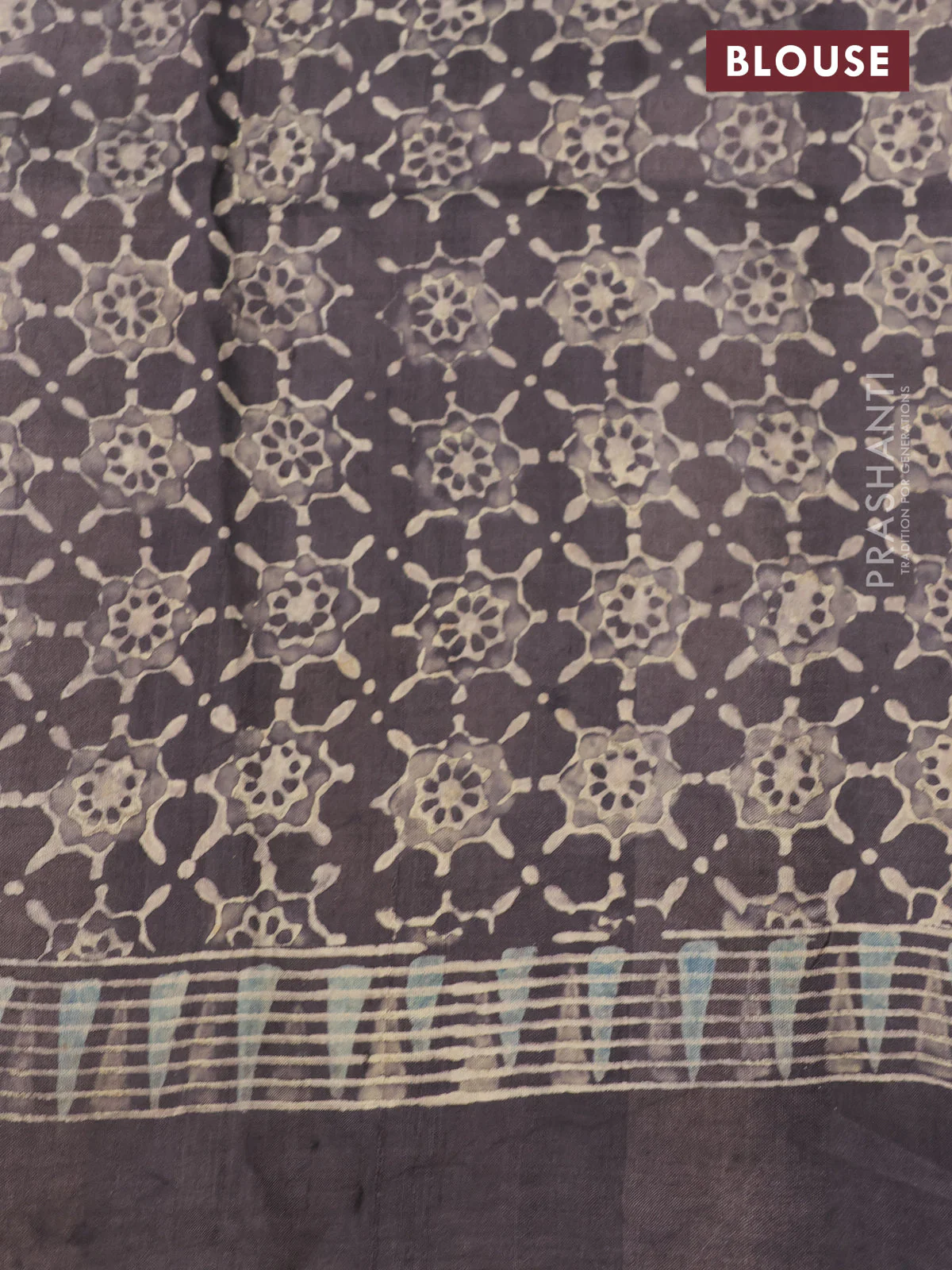 Printed silk saree grey shade with allover ajrakh prints and simple border - Image 3