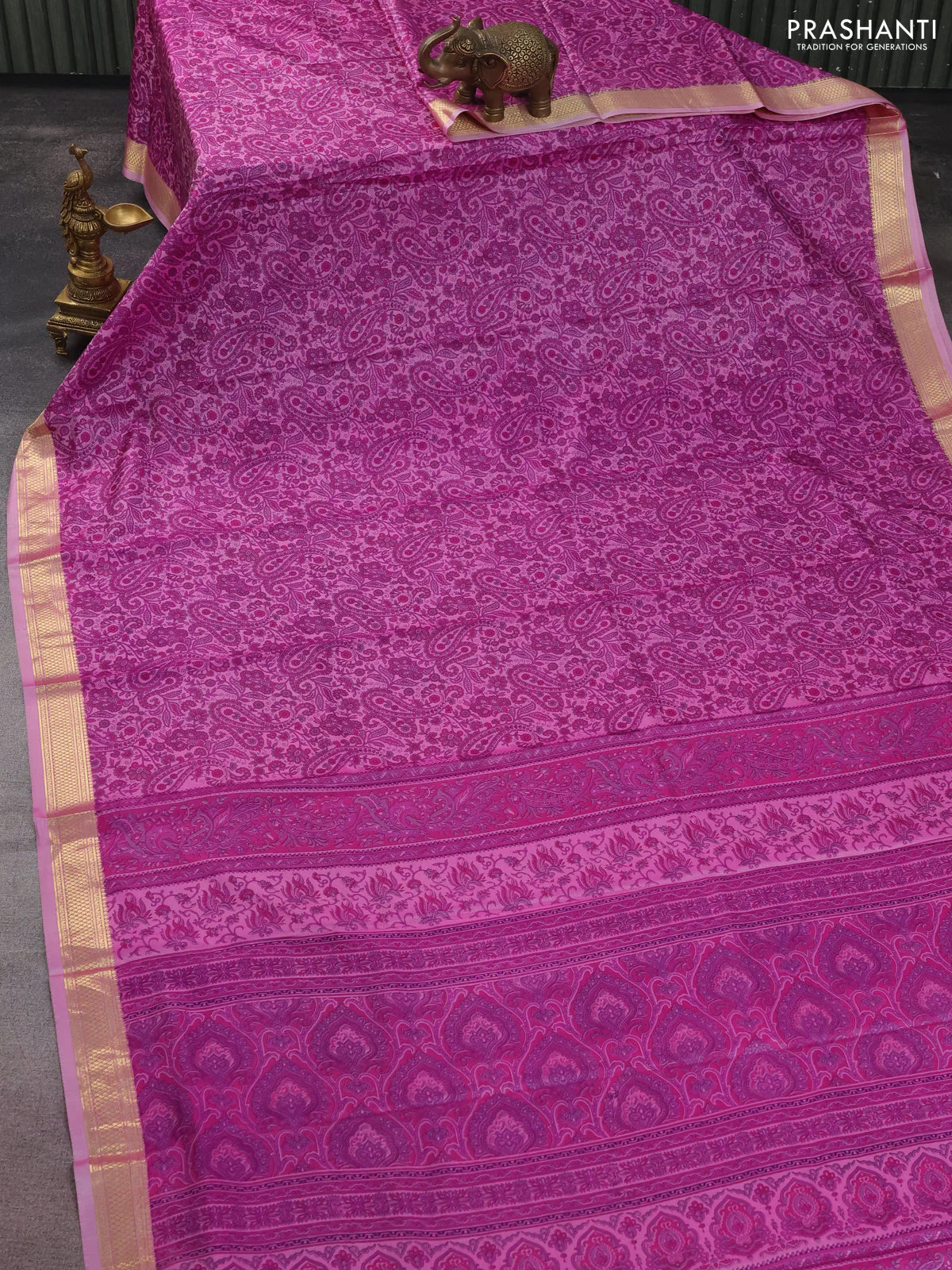 Printed silk saree light pink and pink with allover prints and zari woven border - Image 2
