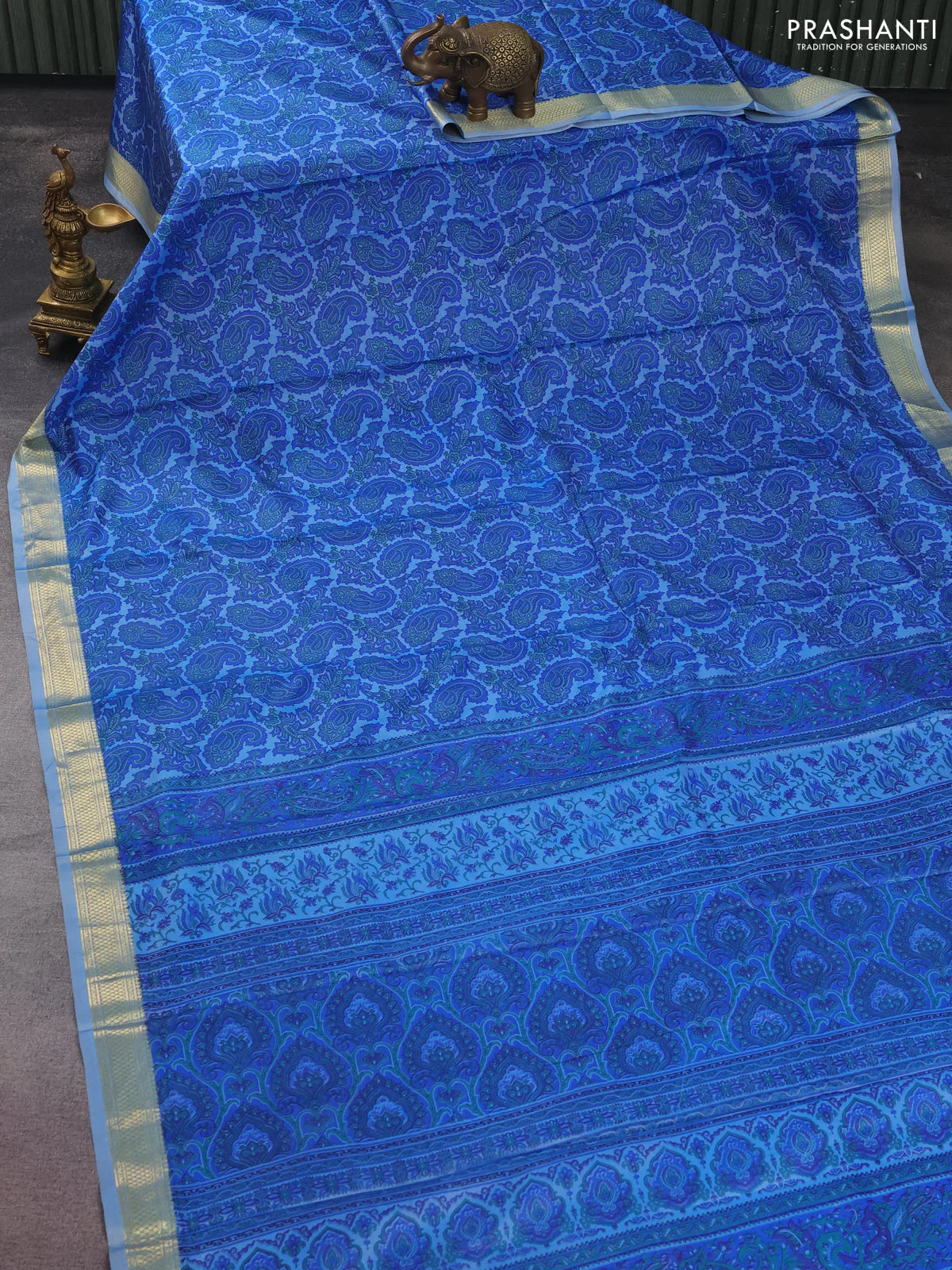 Printed silk saree pastel blue and royal blue with allover paisley prints and zari woven border - Image 2