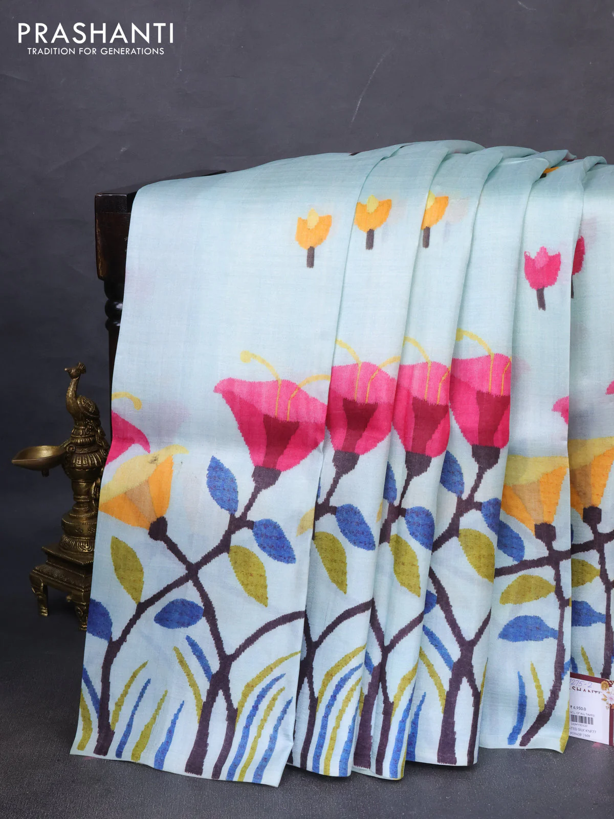 Printed silk saree pastel blue with floral butta prints and long printed border - Image 2