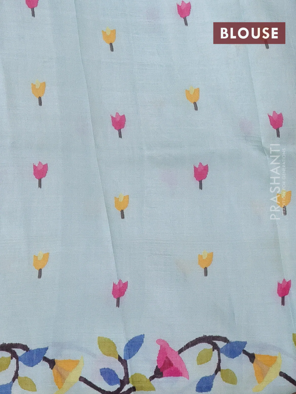 Printed silk saree pastel blue with floral butta prints and long printed border - Image 3