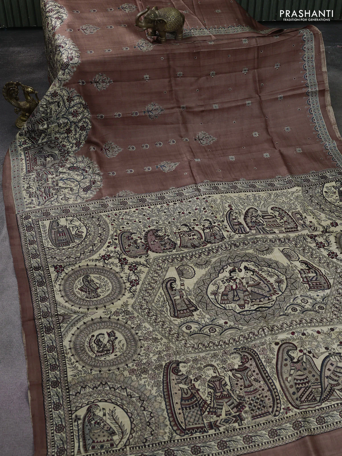 Printed silk saree pastel brown and cream with butta prints and madhubani printed pallu & border