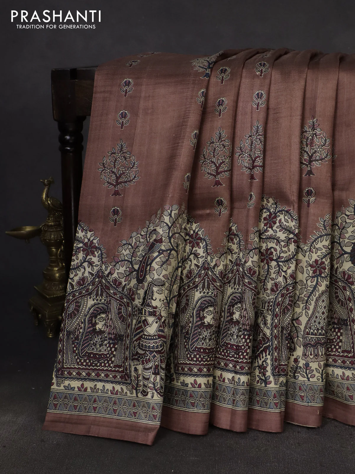 Printed silk saree pastel brown and cream with butta prints and madhubani printed pallu & border - Image 2