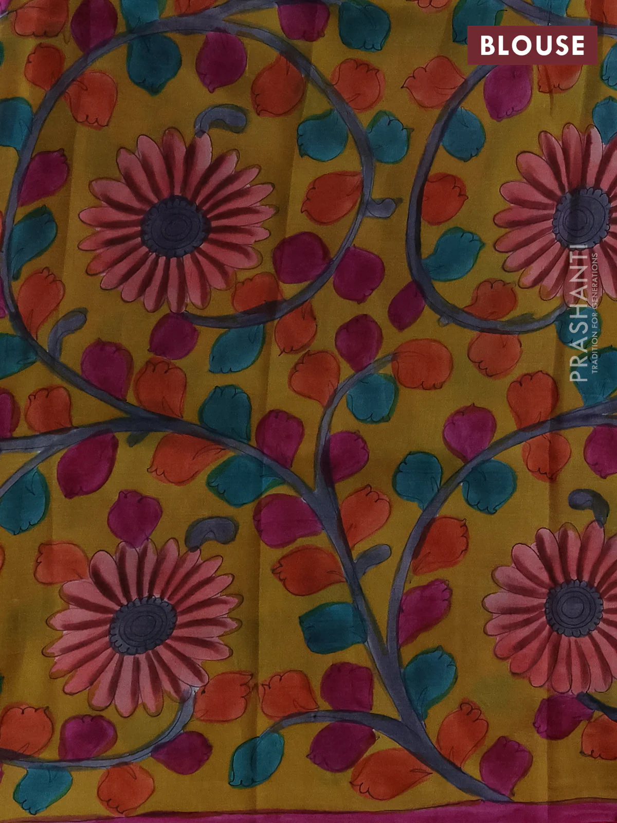 Printed silk saree pink and mustard yellow with shibori butta prints and kalamkari hand painted pallu & blouse - Image 3