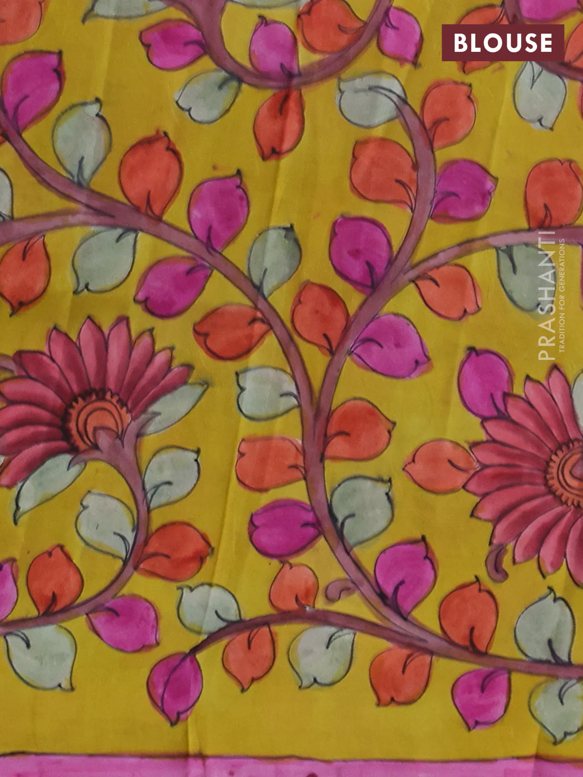Printed silk saree pink and mustard yellow with shibori prints and kalamkari hand painted pallu & blouse - Image 3