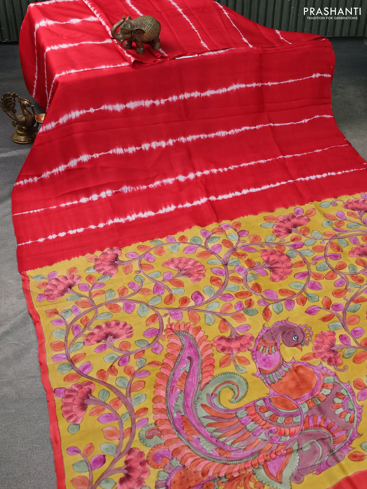 Printed silk saree red and yellow with shibori prints and kalamkari hand painted pallu & blouse