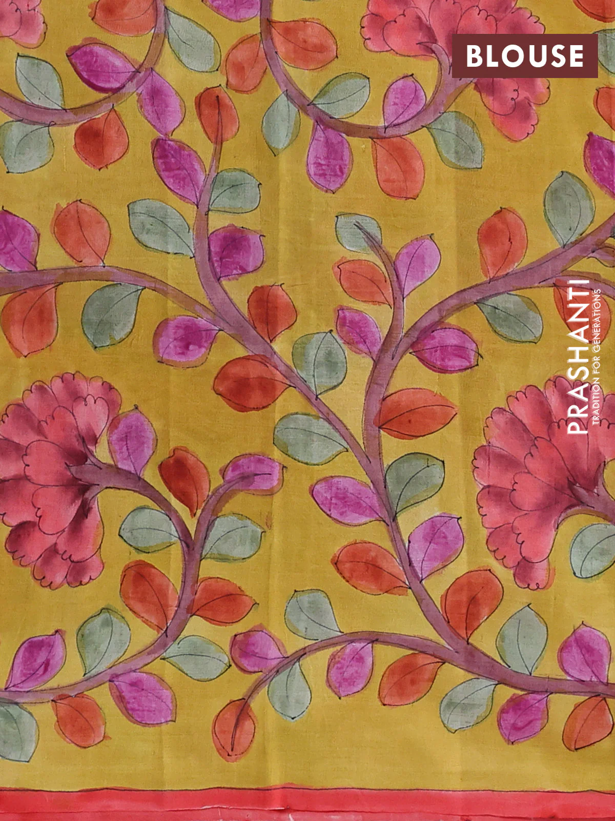 Printed silk saree red and yellow with shibori prints and kalamkari hand painted pallu & blouse - Image 3