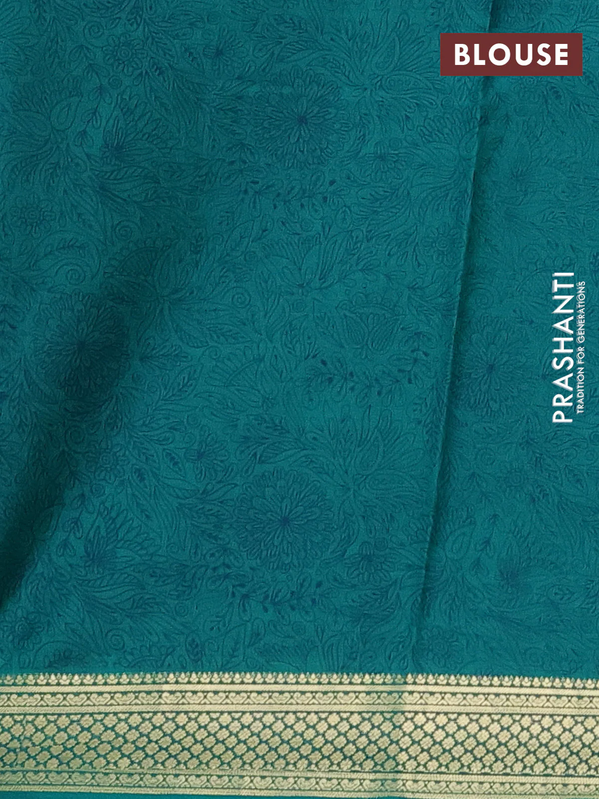 Printed silk saree teal green with allover prints and zari woven border - Image 3