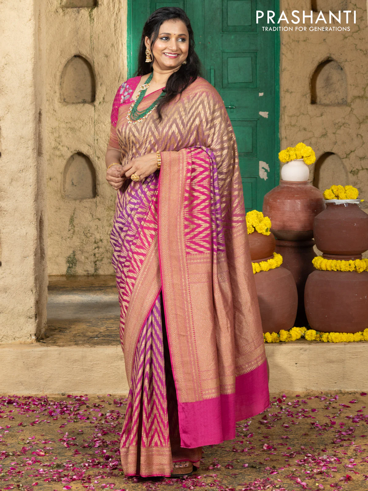 Pure banarasi georgette saree pink and purple with allover geometric weaves and woven border & floral blouse - Image 3