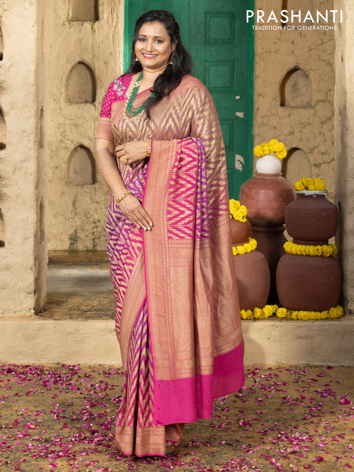 Pure banarasi georgette saree pink and purple with allover geometric weaves and woven border & floral blouse - Image 4
