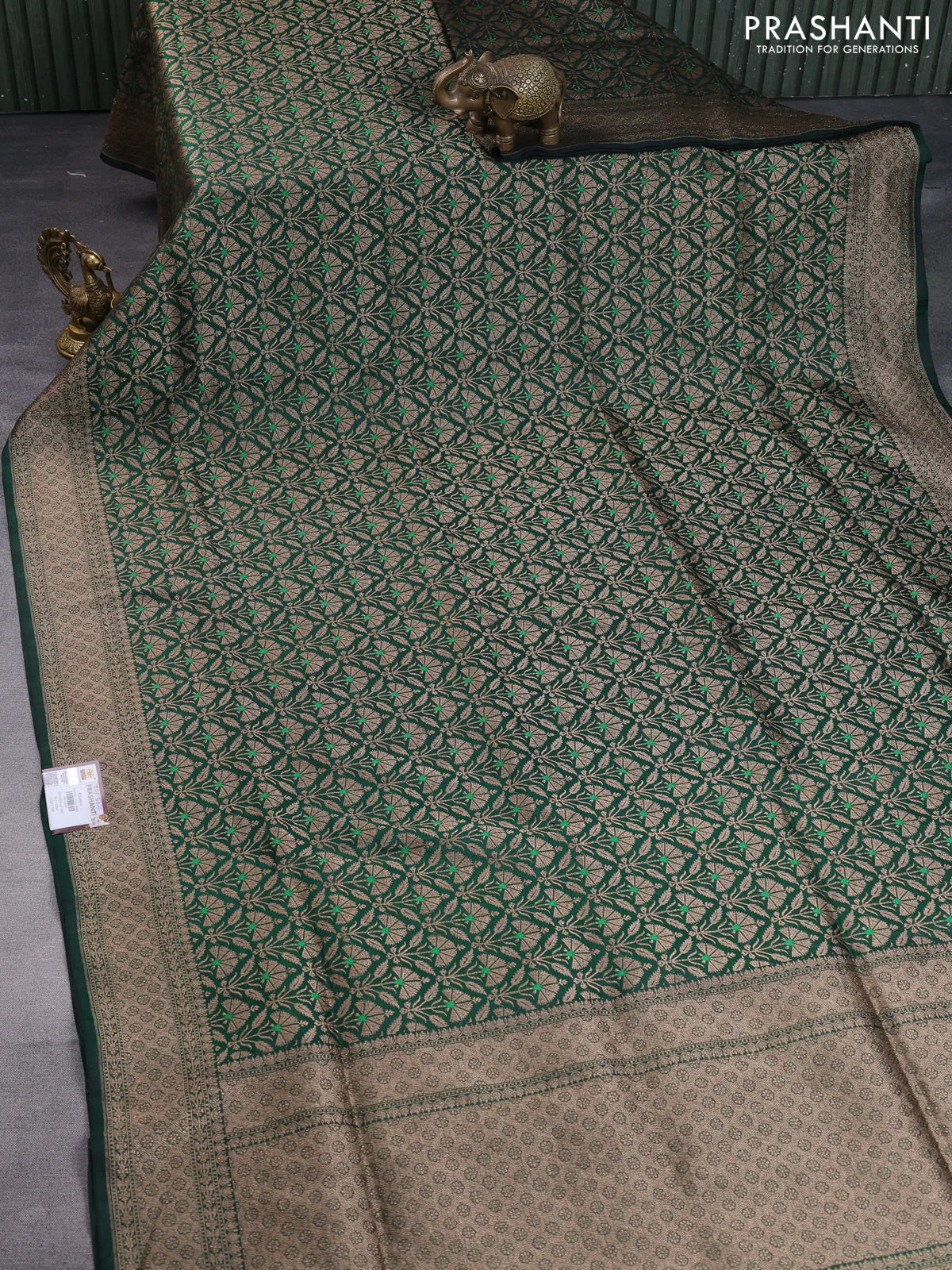 Pure banarasi uppada silk saree bottle green with allover brocade weaves and woven border
