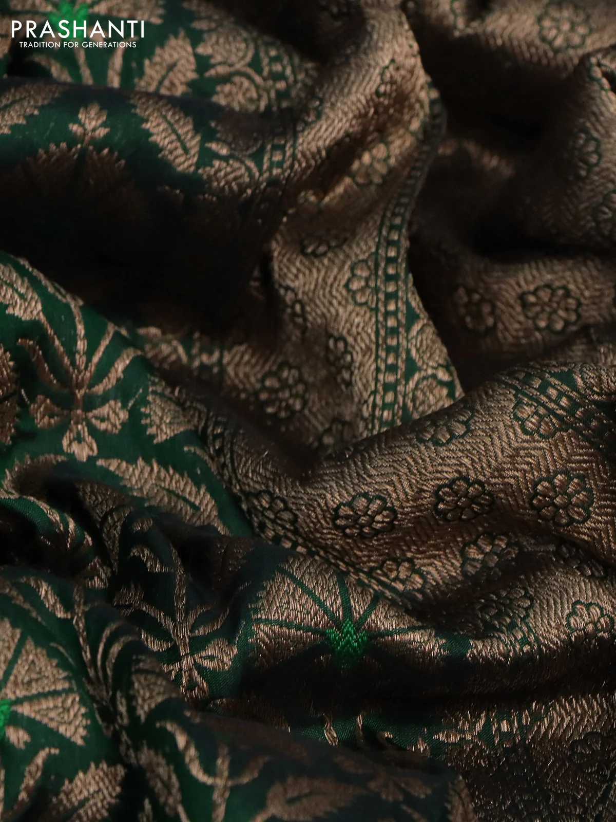 Pure banarasi uppada silk saree bottle green with allover brocade weaves and woven border - Image 2