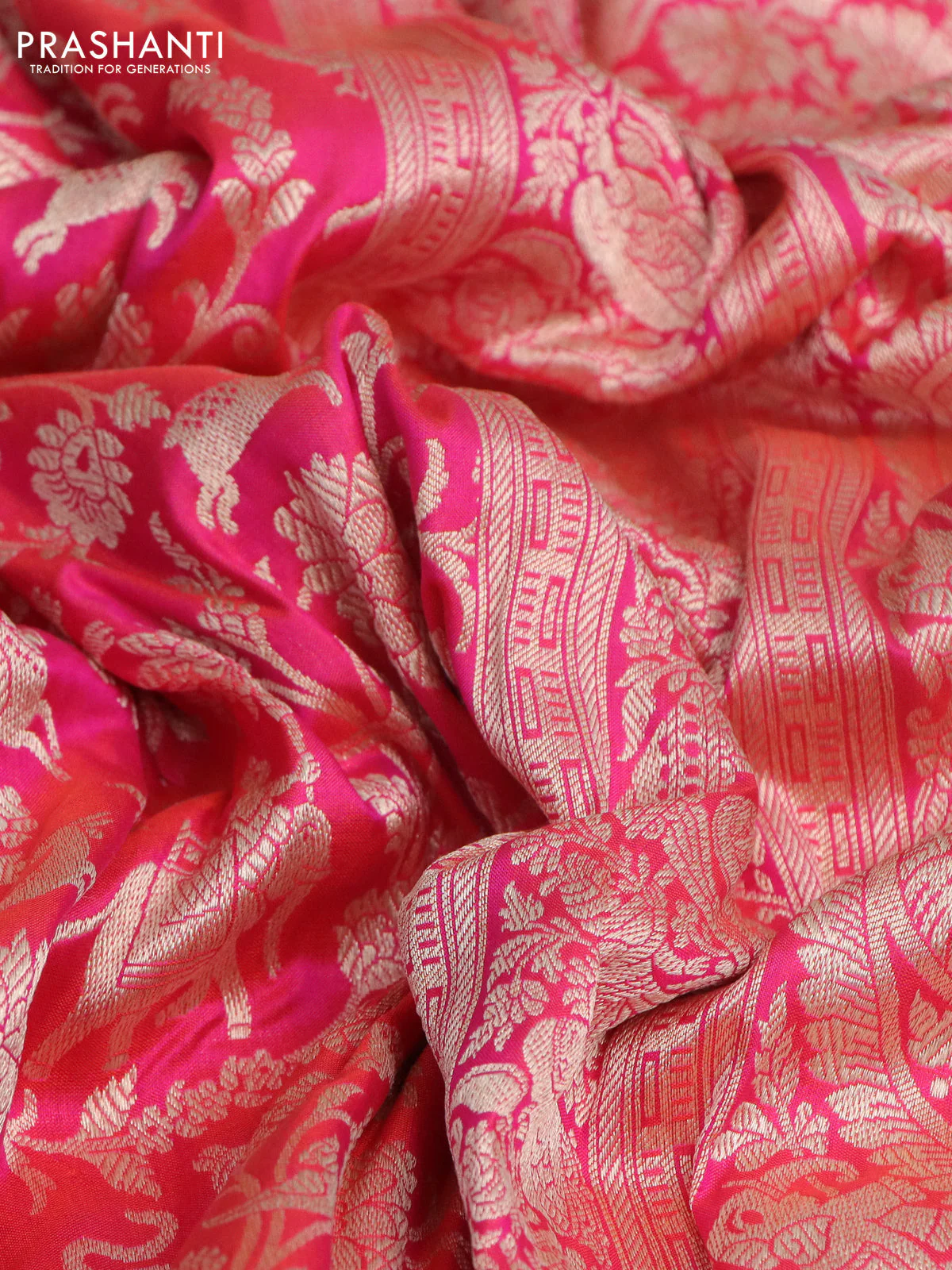 Pure banarasi uppada silk saree dual shade of candy pink with allover vanasingaram weaves and woven border - Image 2