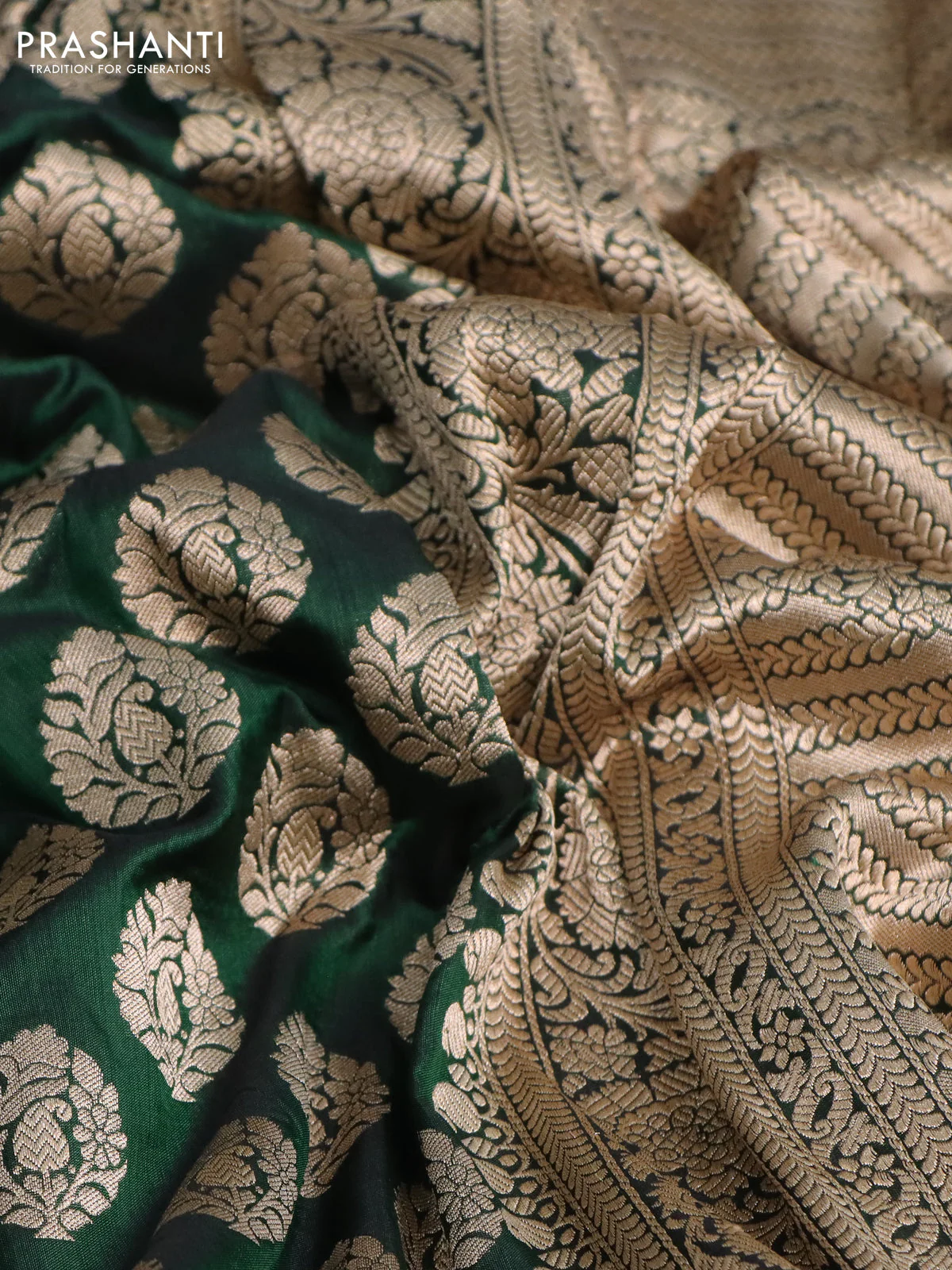 Pure banarasi uppada silk saree green with allover zari woven butta weaves and zari woven border - Image 2