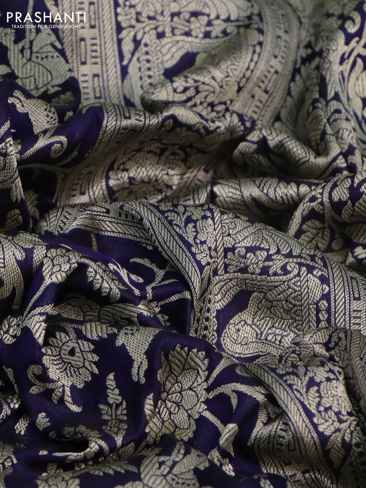 Pure banarasi uppada silk saree navy blue with allover vanasingaram weaves and woven border - Image 2