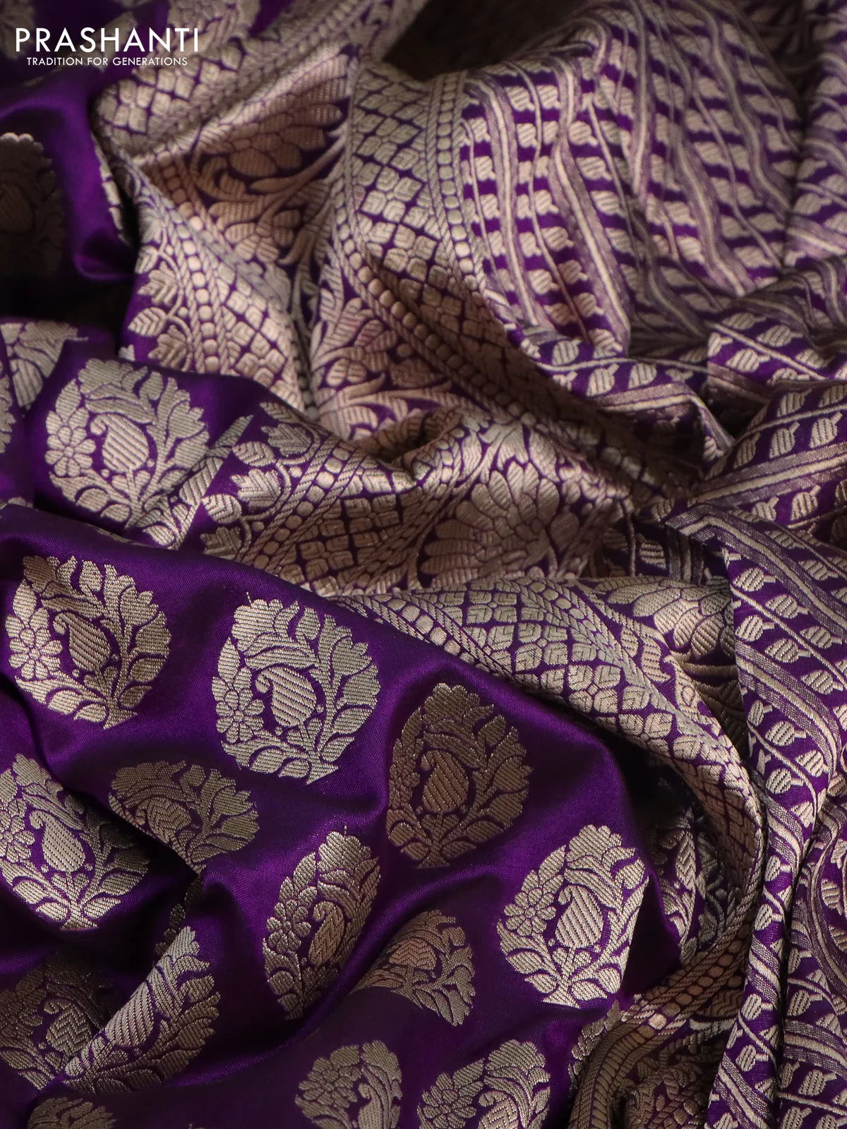 Pure banarasi uppada silk saree purple with allover zari woven brocade weaves and zari woven border - Image 2