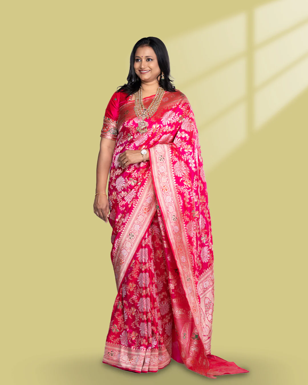 Pure banarasi uppada silk saree rani pink with allover thread & zari weaves and zari woven border - Image 5