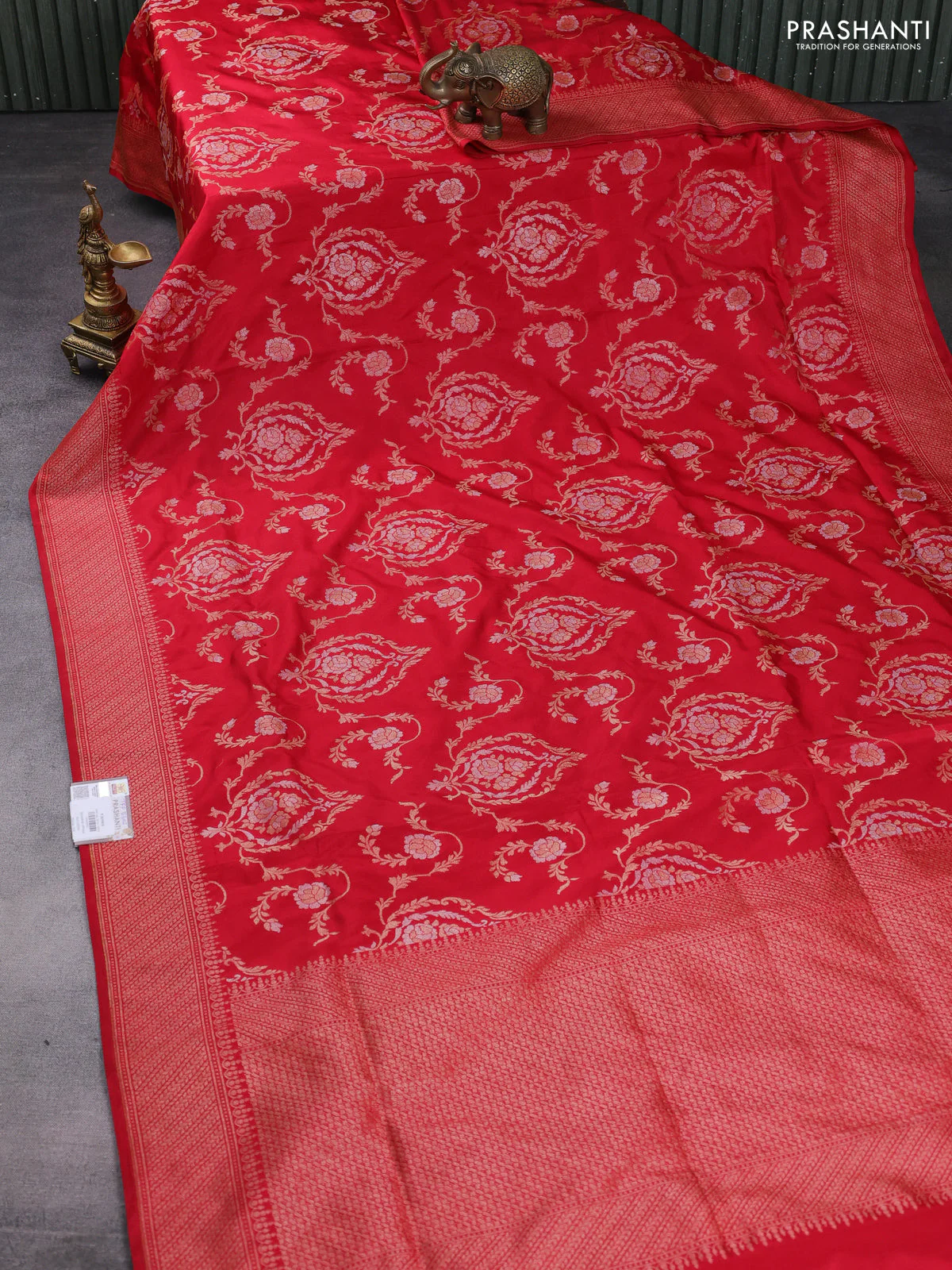 Pure banarasi uppada silk saree red with allover silver & gold zari weaves and zari woven border