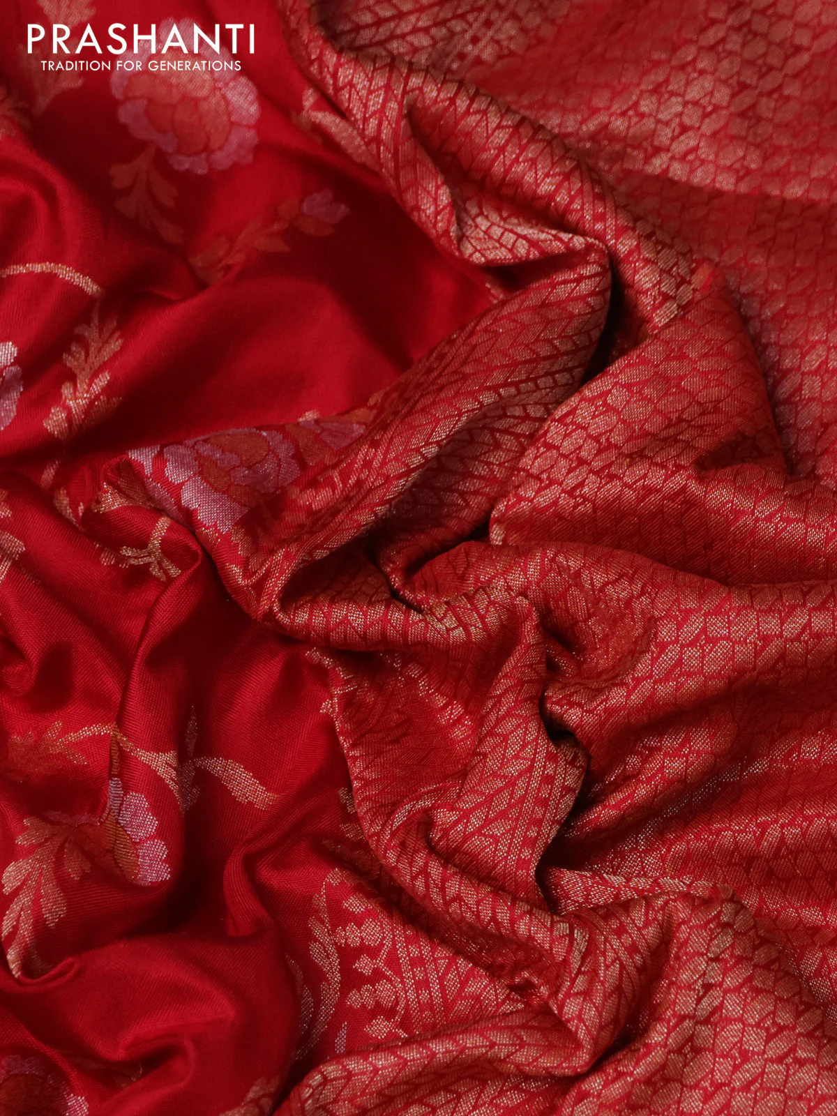 Pure banarasi uppada silk saree red with allover silver & gold zari weaves and zari woven border - Image 2