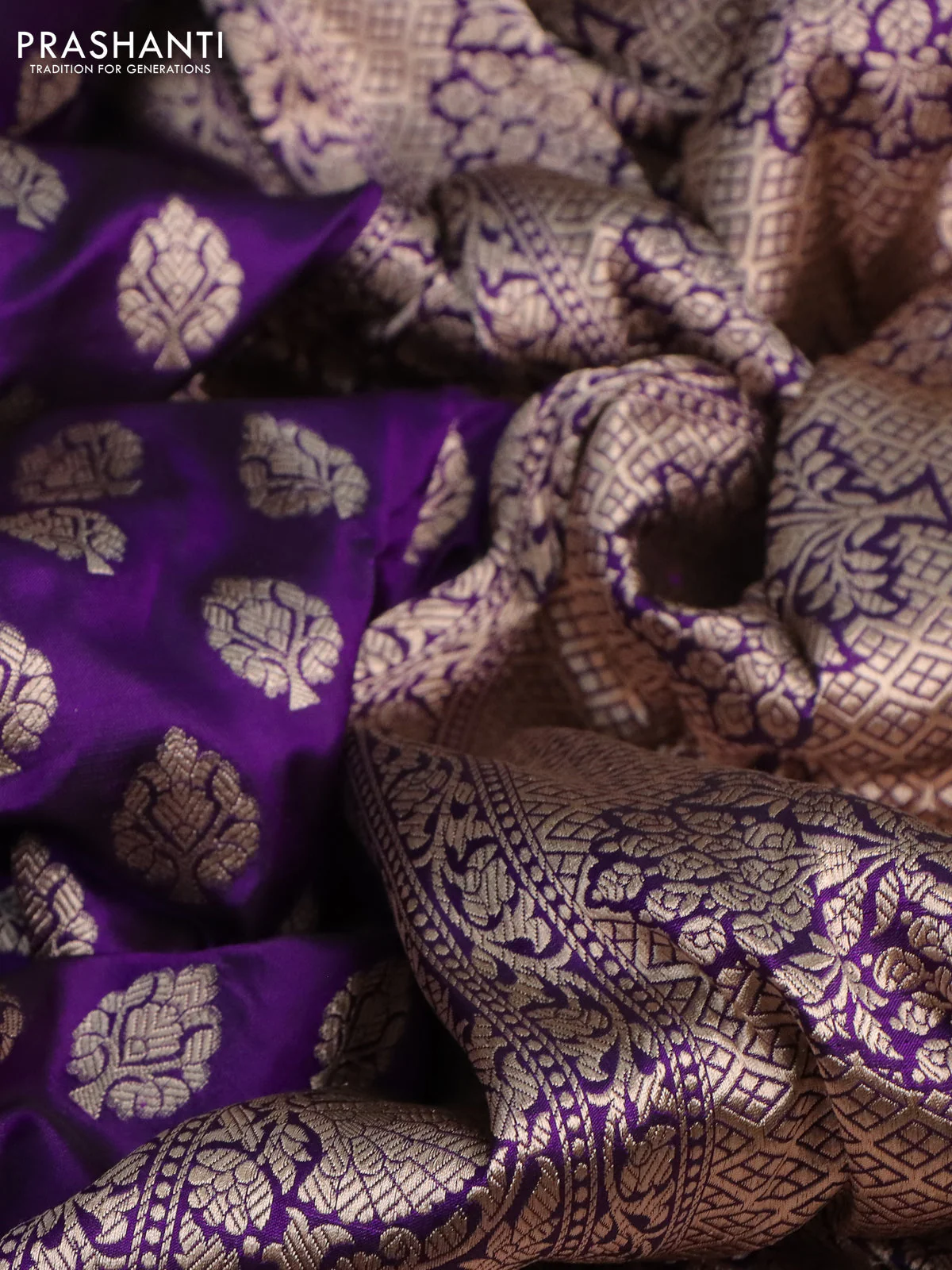 Pure banarasi uppada silk saree violet with allover zari woven butta weaves and zari woven border - Image 2