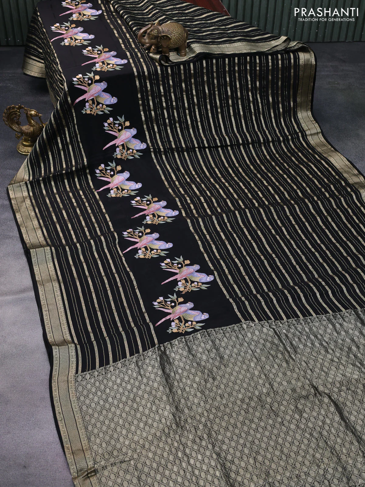 Pure crepe saree black with allover zari weaves & embroidery work and zari woven border - Image 2