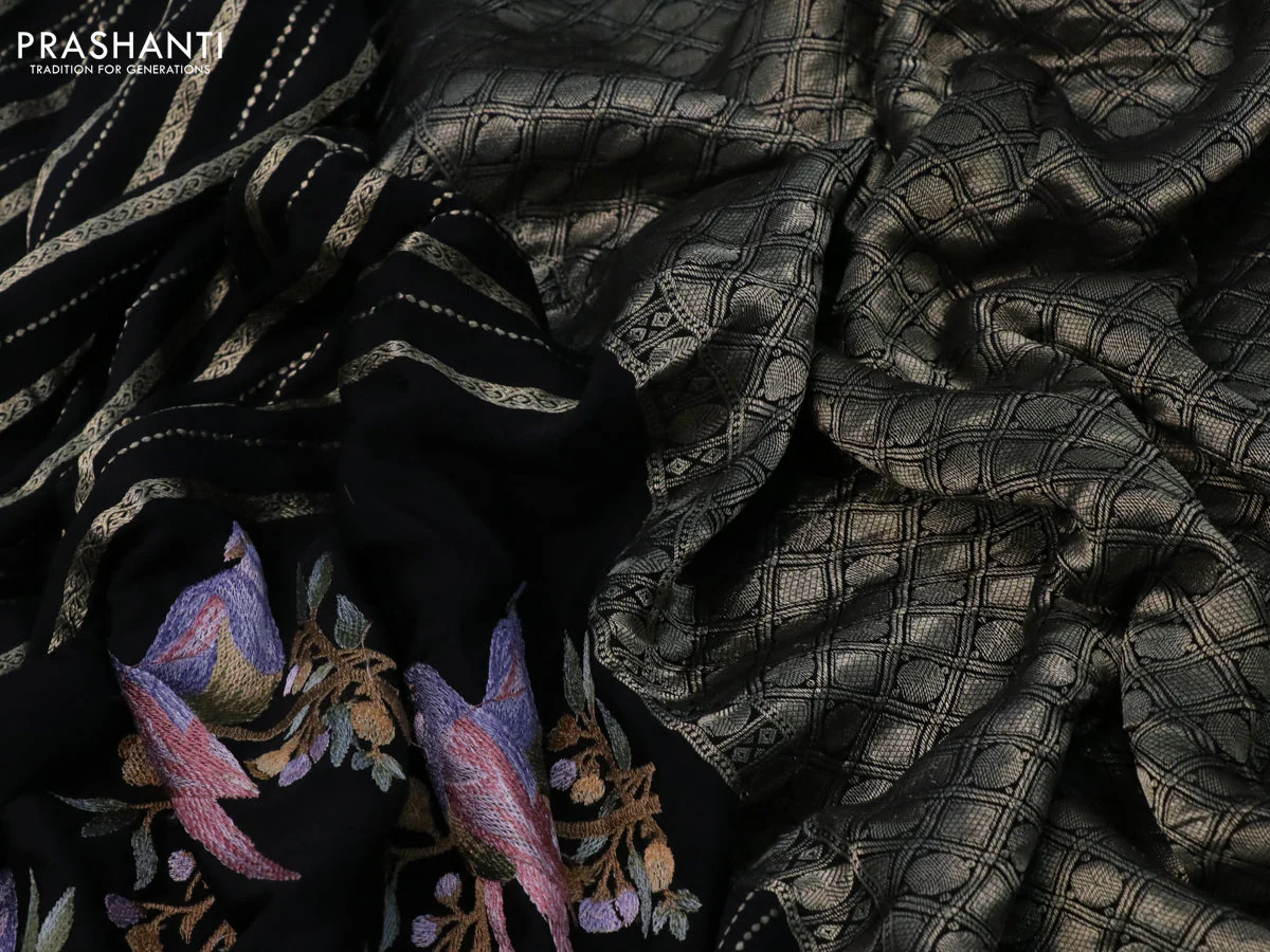 Pure crepe saree black with allover zari weaves & embroidery work and zari woven border - Image 3