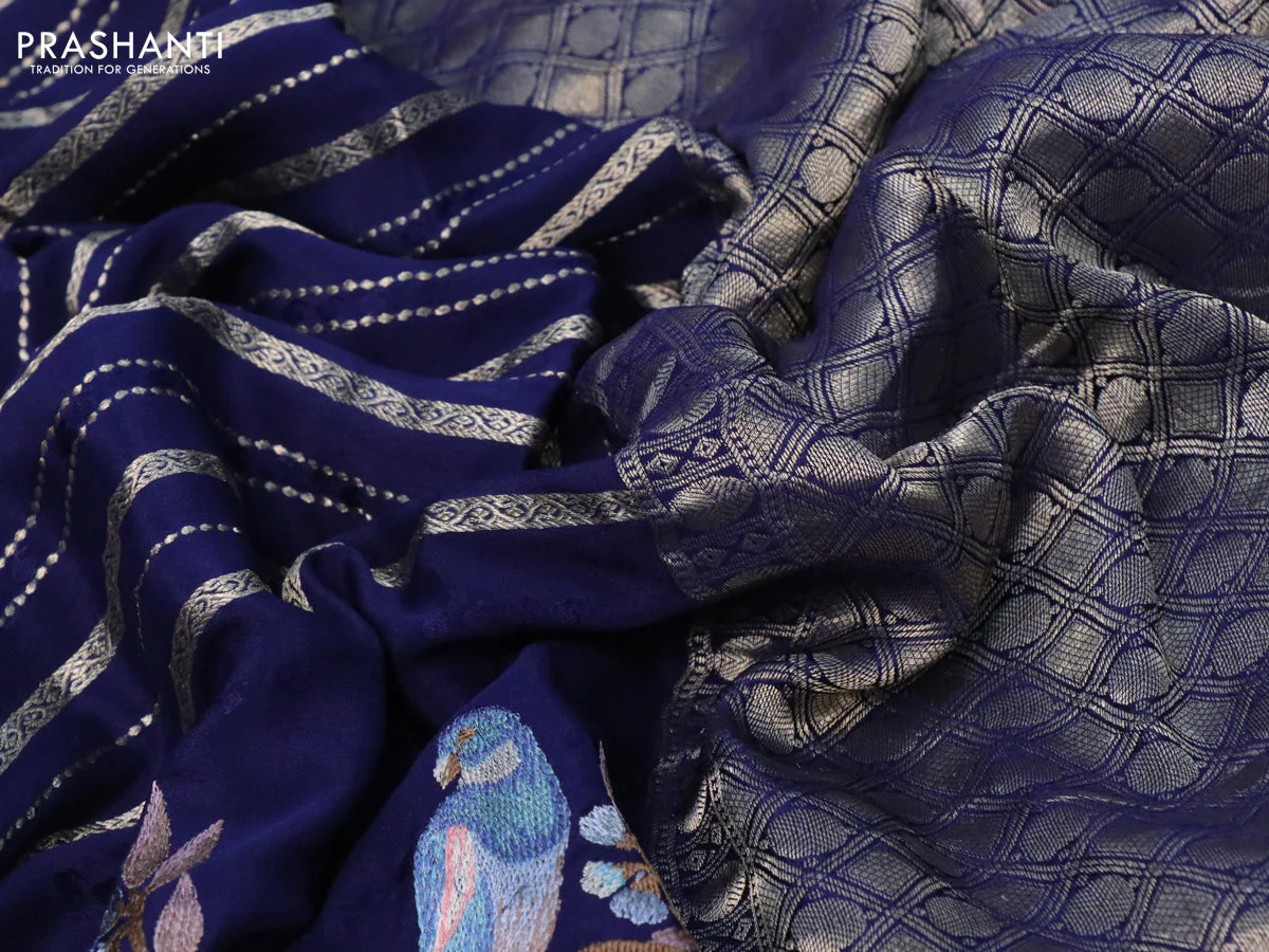 Pure crepe saree blue with allover zari weaves & embroidery work and zari woven border - Image 3