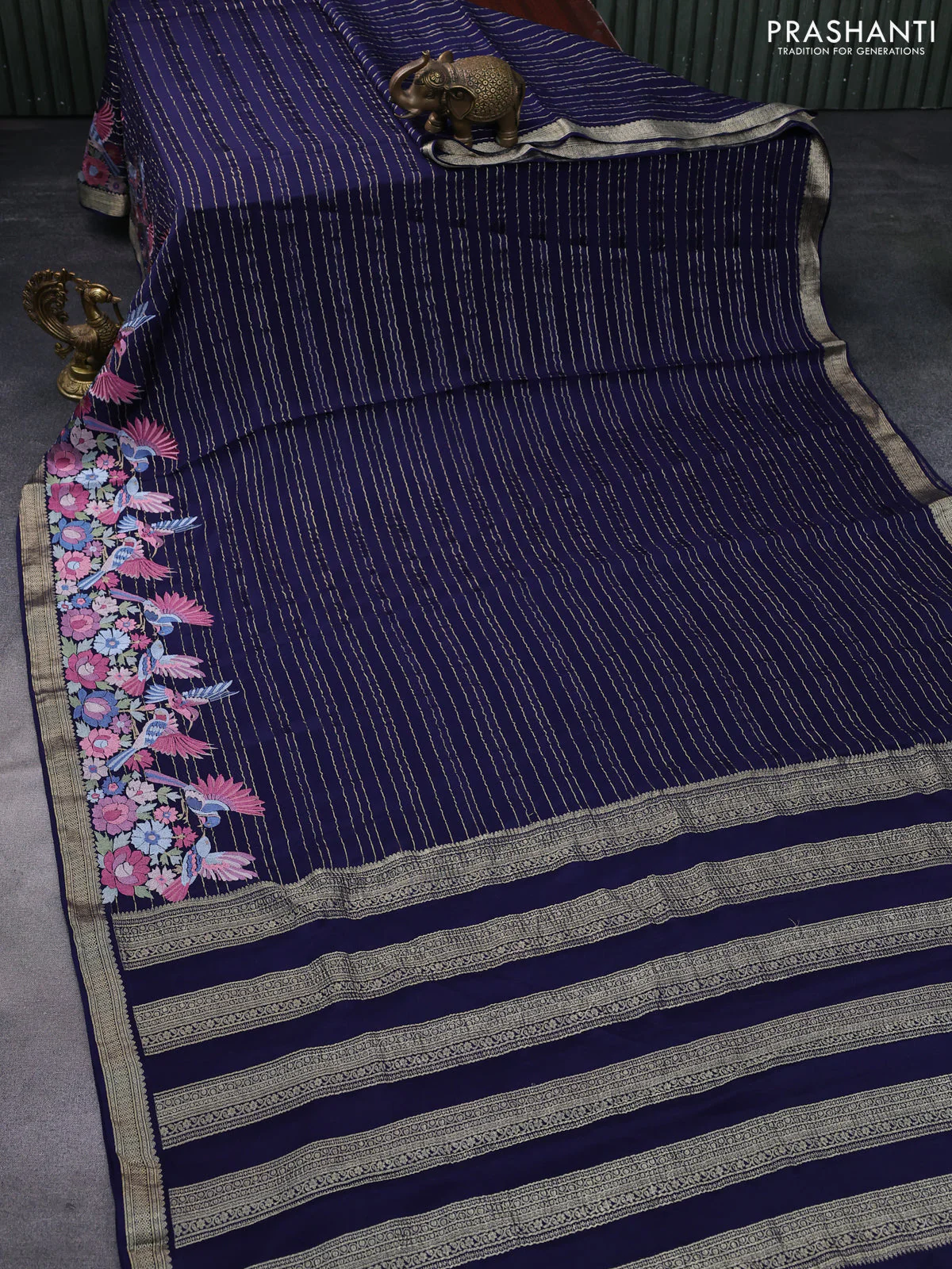 Pure crepe saree dark blue with allover zari weaves & embroidery work and zari woven border - Image 2