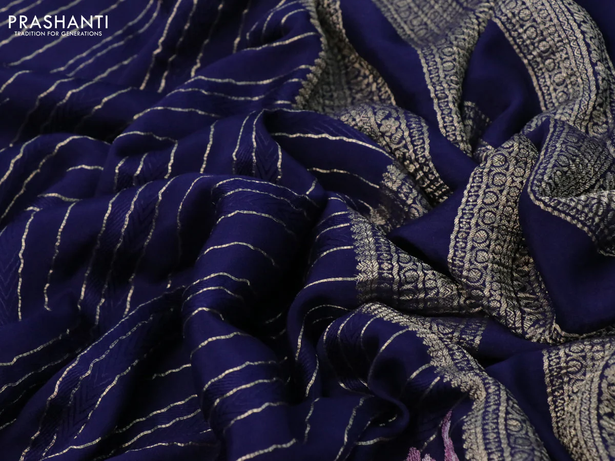Pure crepe saree dark blue with allover zari weaves & embroidery work and zari woven border - Image 3