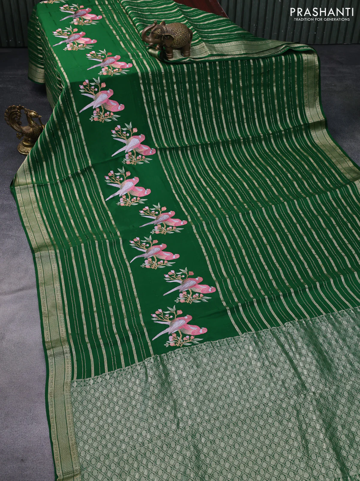 Pure crepe saree green with allover zari weaves & embroidery work and zari woven border - Image 2