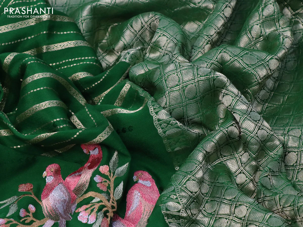 Pure crepe saree green with allover zari weaves & embroidery work and zari woven border - Image 3