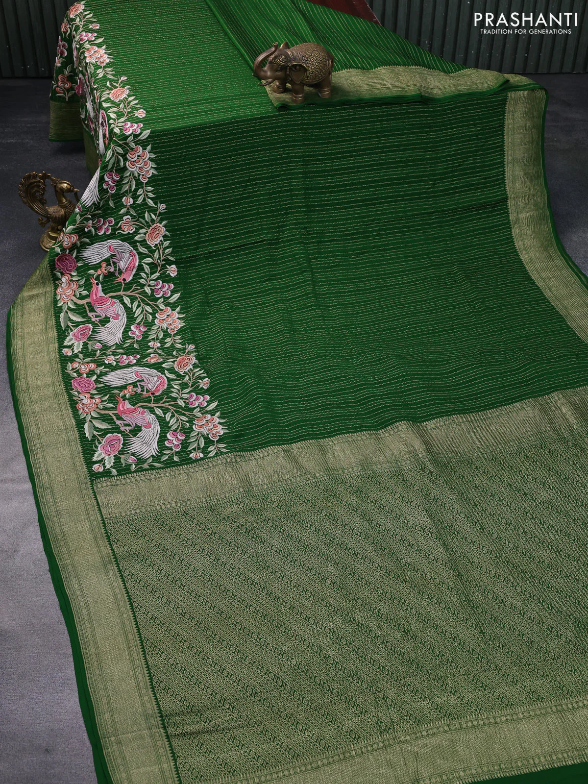 Pure crepe saree green with allover zari weaves & embroidery work and zari woven border - Image 2