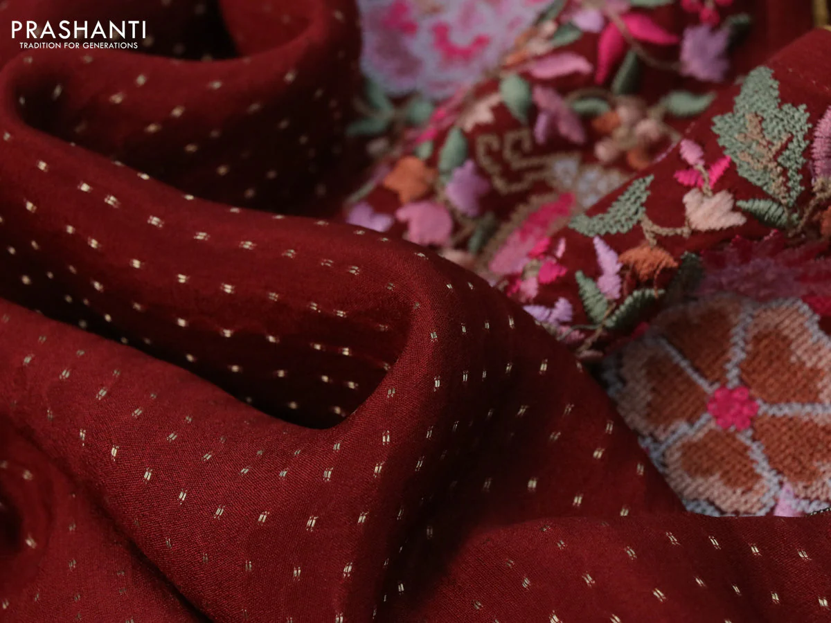 Pure crepe saree maroon shade with allover zari woven butta weaves and embroidery work border - Image 3