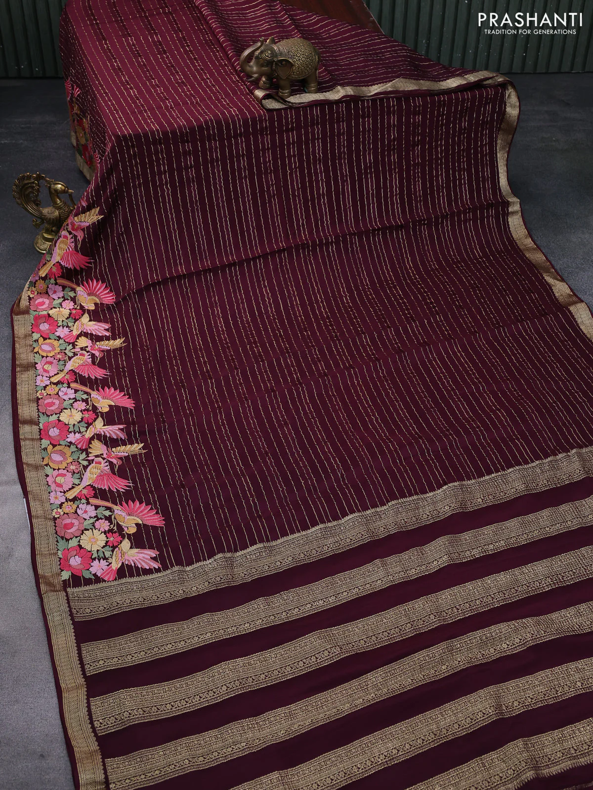 Pure crepe saree maroon with allover zari weaves & embroidery work and zari woven border - Image 2