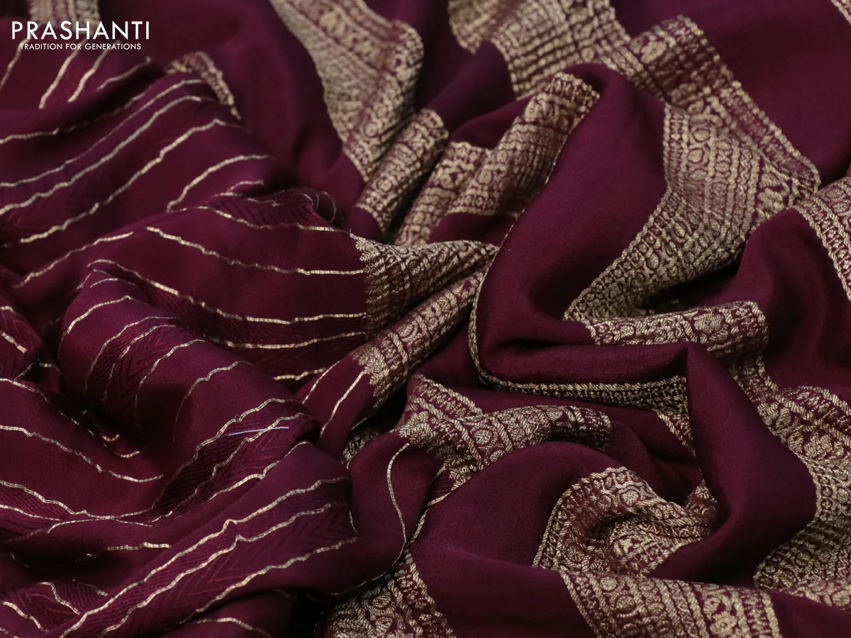 Pure crepe saree maroon with allover zari weaves & embroidery work and zari woven border - Image 3