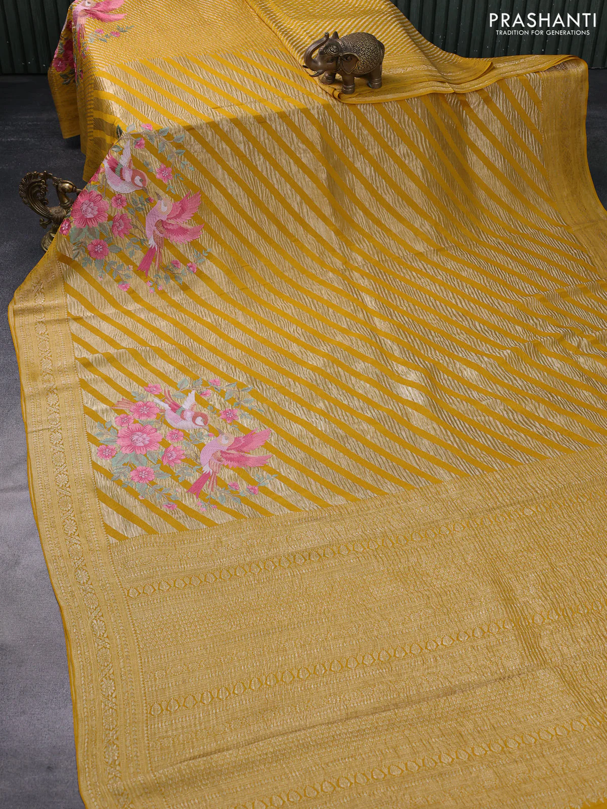 Pure crepe saree mustard yellow with allover zari woven leheriya weaves & embroidery work and zari woven border - Image 2