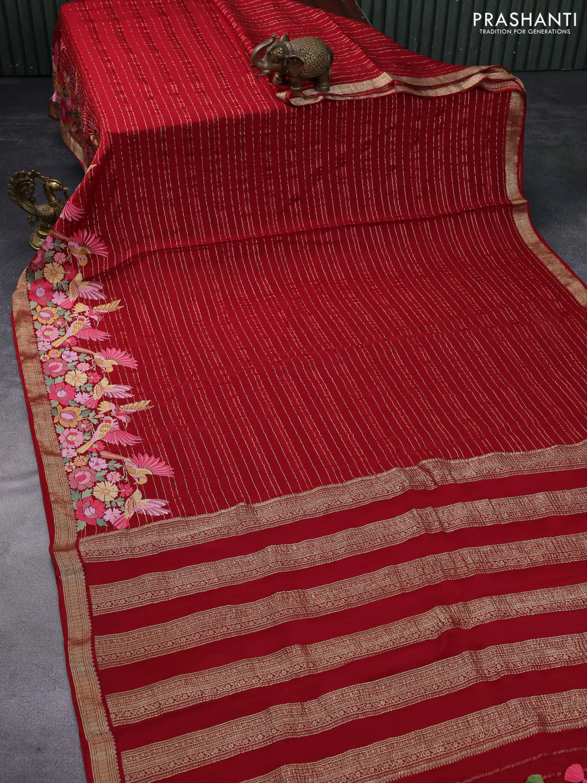Pure crepe saree red with allover zari weaves & embroidery work and zari woven border - Image 2