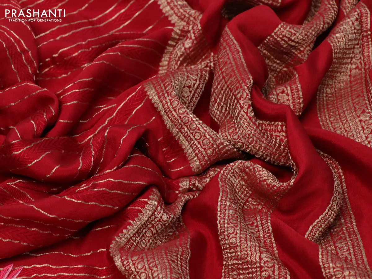 Pure crepe saree red with allover zari weaves & embroidery work and zari woven border - Image 3
