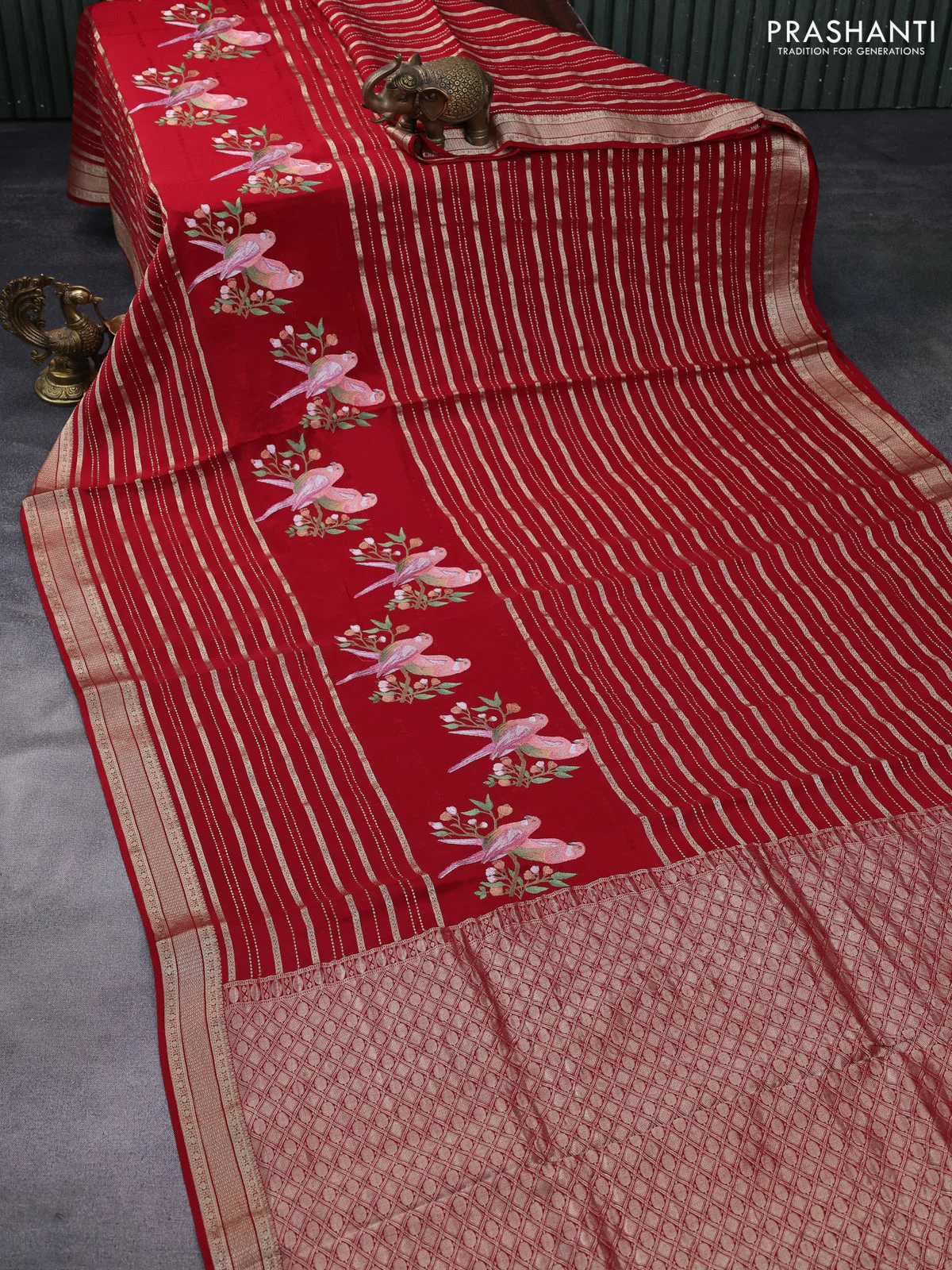 Pure crepe saree red with allover zari weaves & embroidery work and zari woven border - Image 2