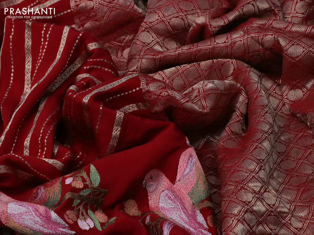 Pure crepe saree red with allover zari weaves & embroidery work and zari woven border - Image 3