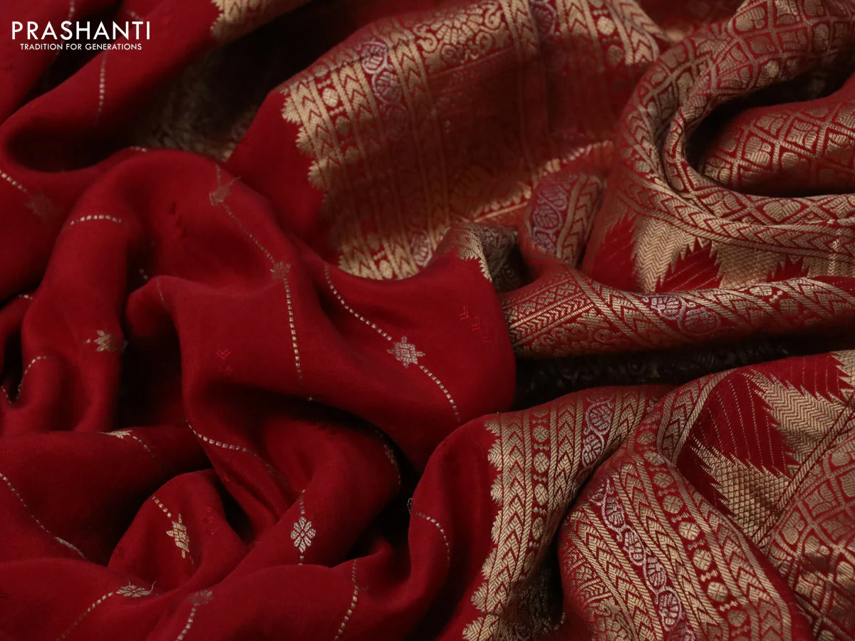 Pure crepe saree red with allover zari weaves & embroidery work and zari woven border - Image 3