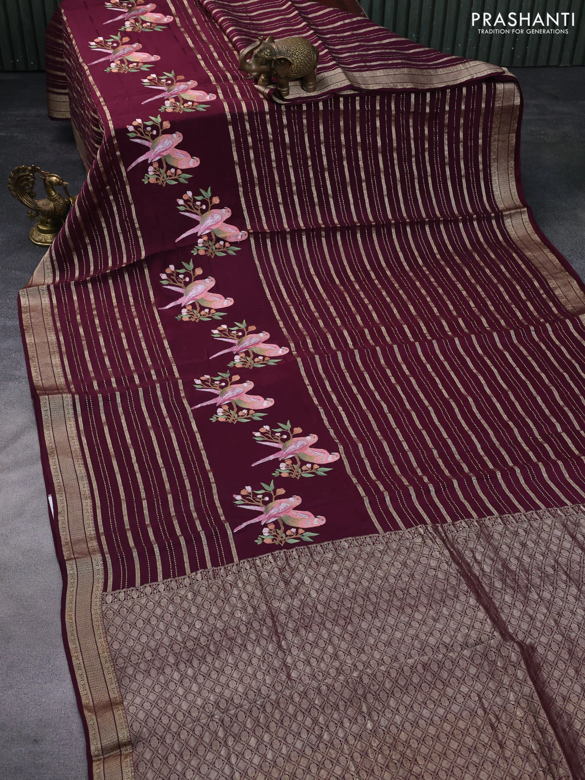Pure crepe saree wine shade with allover zari weaves & embroidery work and zari woven border - Image 2