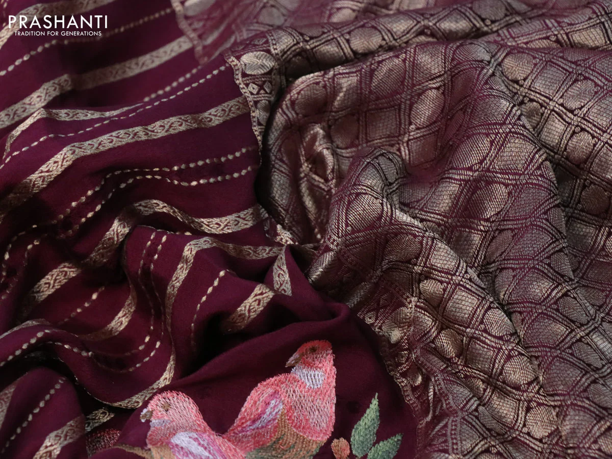 Pure crepe saree wine shade with allover zari weaves & embroidery work and zari woven border - Image 3
